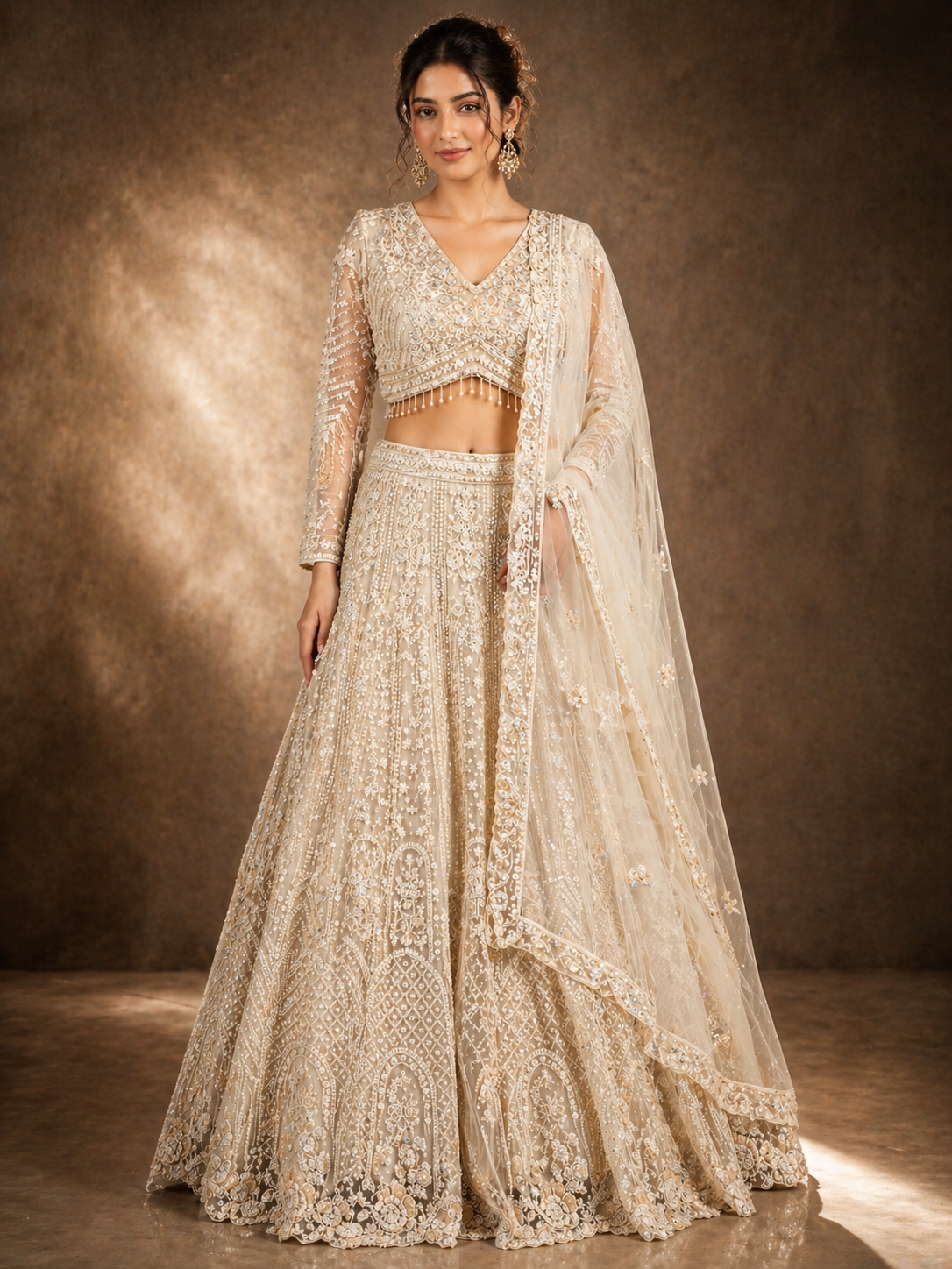 Women's Champagne Beige Embroidered Net Lehenga Choli with Dupatta
